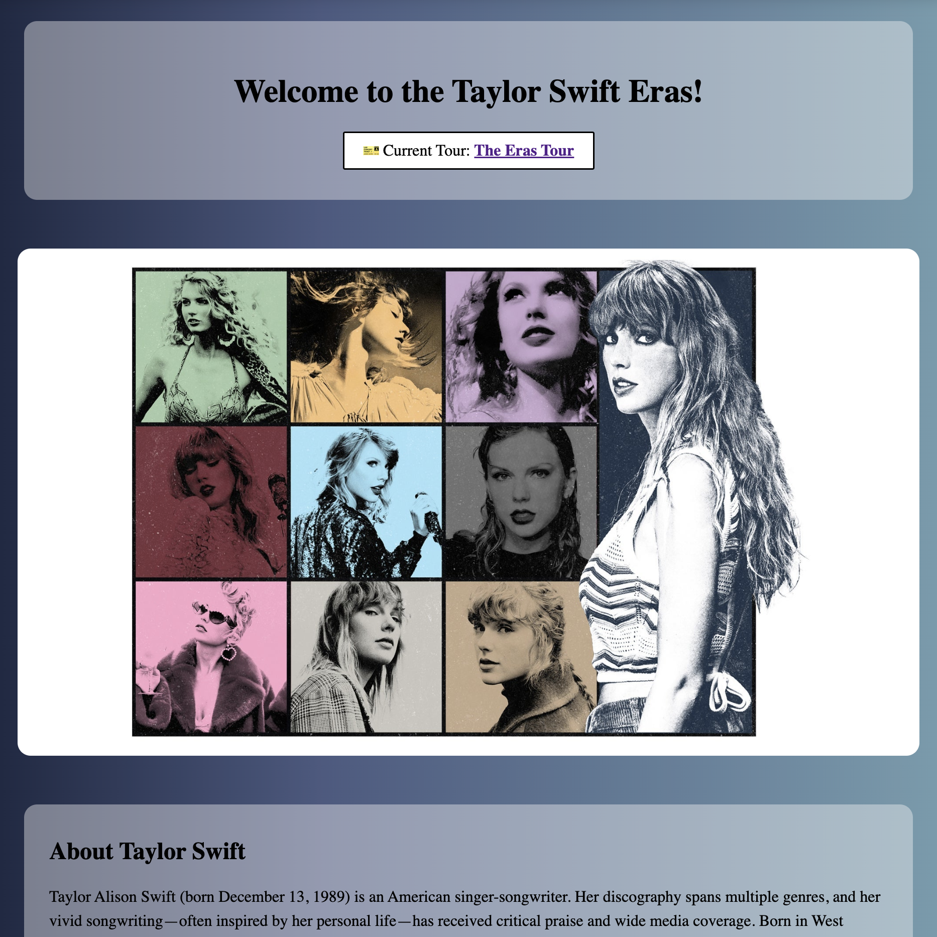 Taylor Swift Eras Landing Page
